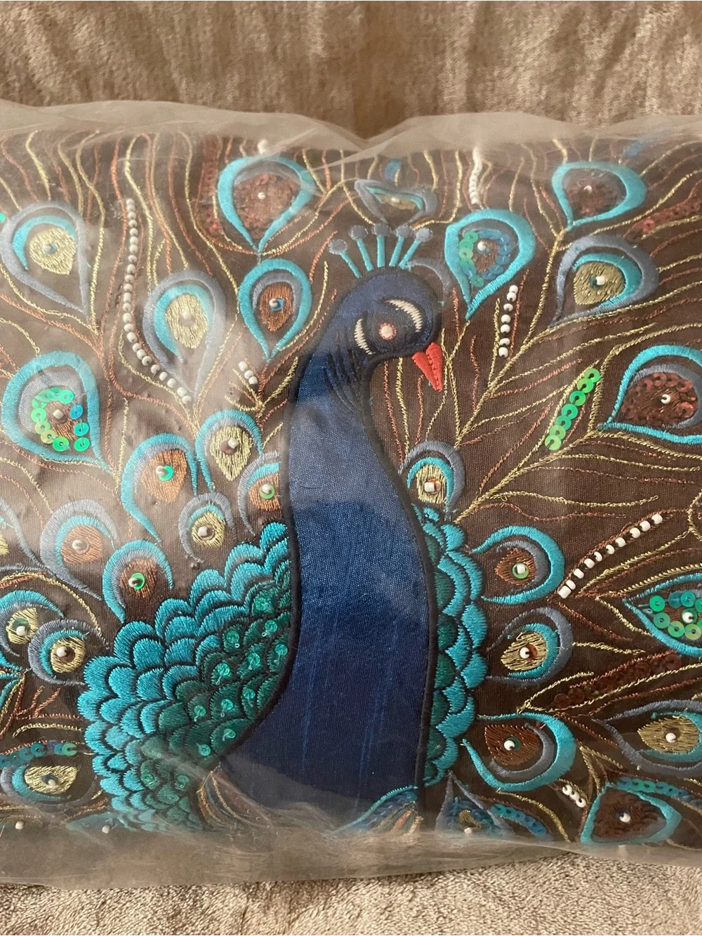 Pier 1 Teal and Brown Peacock Embroidered Accent Pillow